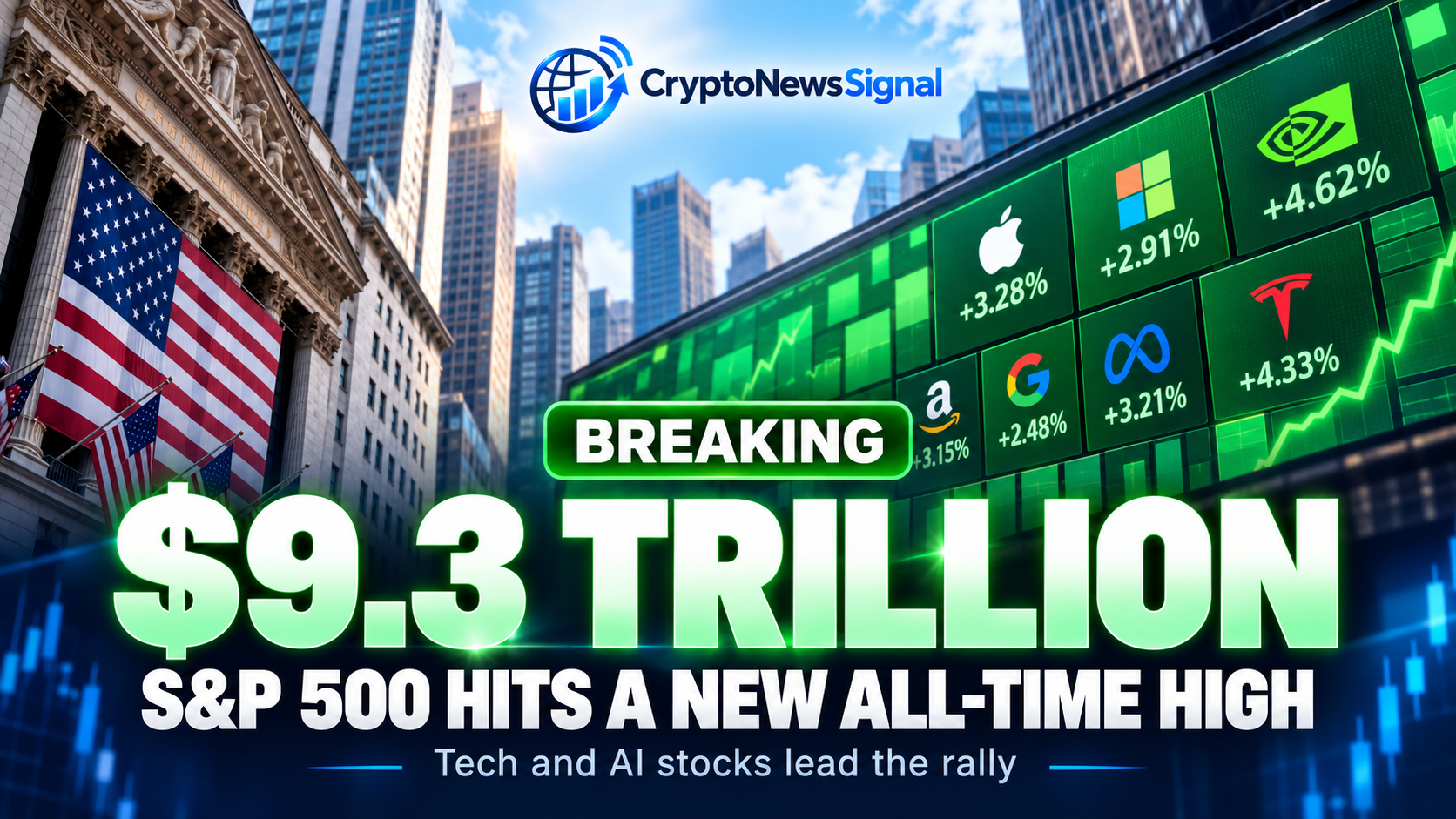 CryptoNewsSignal graphic showing the S&P 500 hitting a new all-time high as tech and AI stocks lead the rally